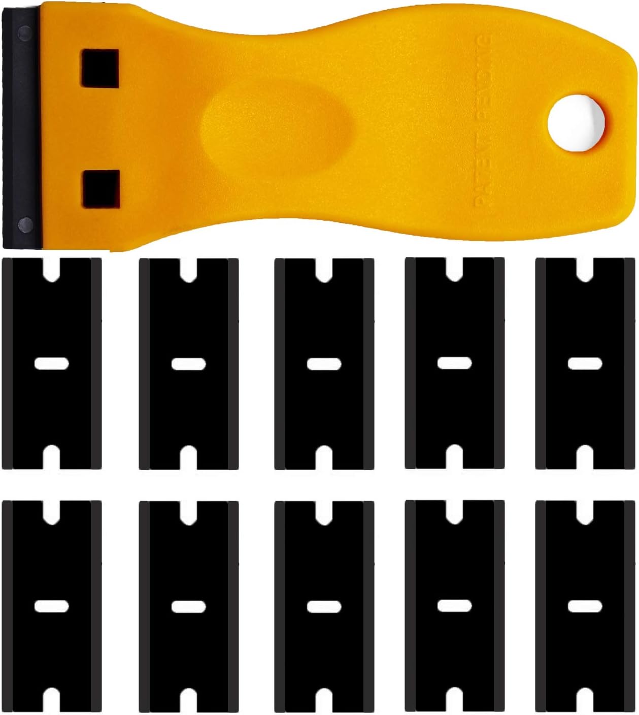 Double Edged Plastic Razor Blade Scrapers Knife with Contoured Grip for Scraping Labels and Decals Sticker From Glass, Windshields and Auto Window Tint Vinyl Tool Application(Yellow Scraper+10 Blades)