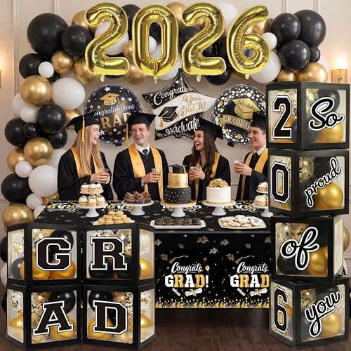 Image of Black and Gold Graduation Decorations Class of 2026 - Graduation Balloon Boxes, Balloon Arch Garland Kit, Fringe Curtains, Party Decorations 2026 for Any Grades