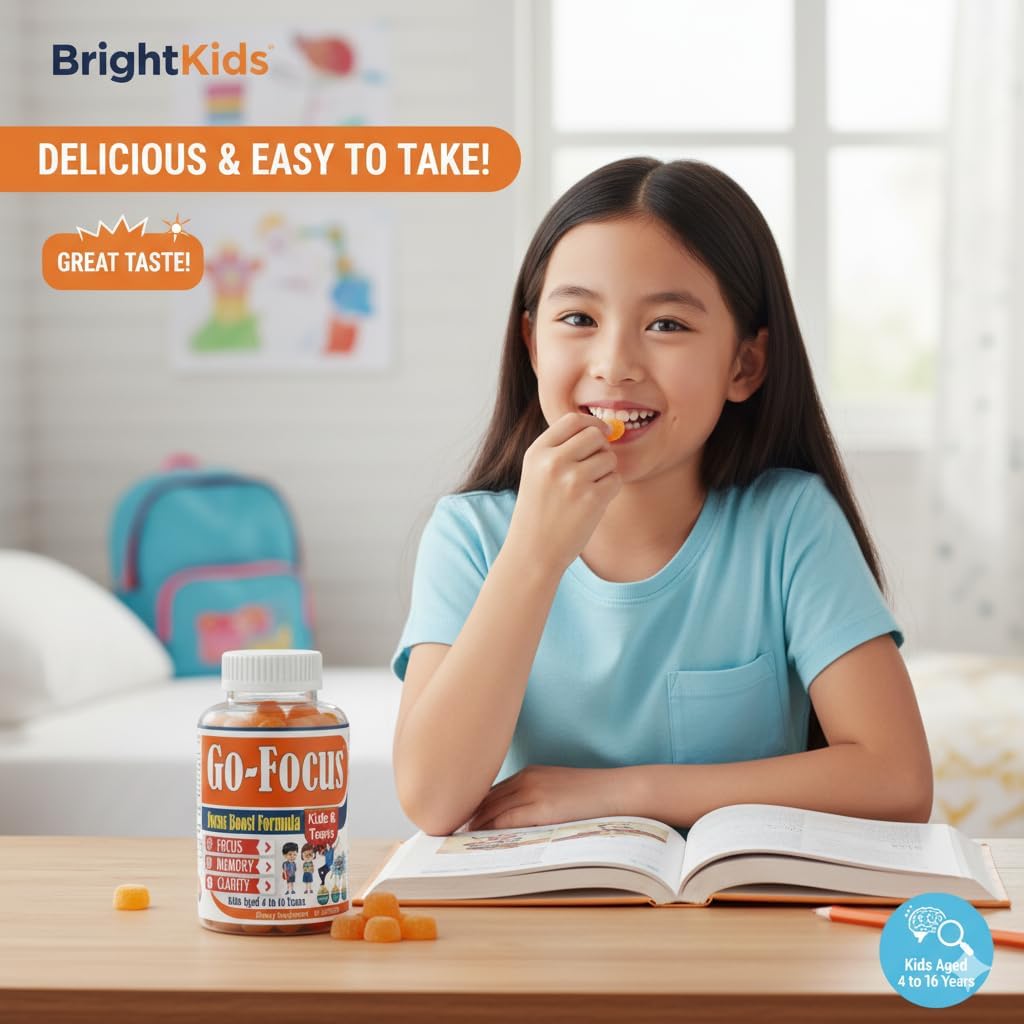 BrightKids Brain Supplements for Memory and Focus, Omega 3 & DHA Focus Gummies for Kids, Memory Booster Focus Supplement for Kids & Teens- Low-Sugar, Natural Fruit Flavor 60 Gummies - Image 3