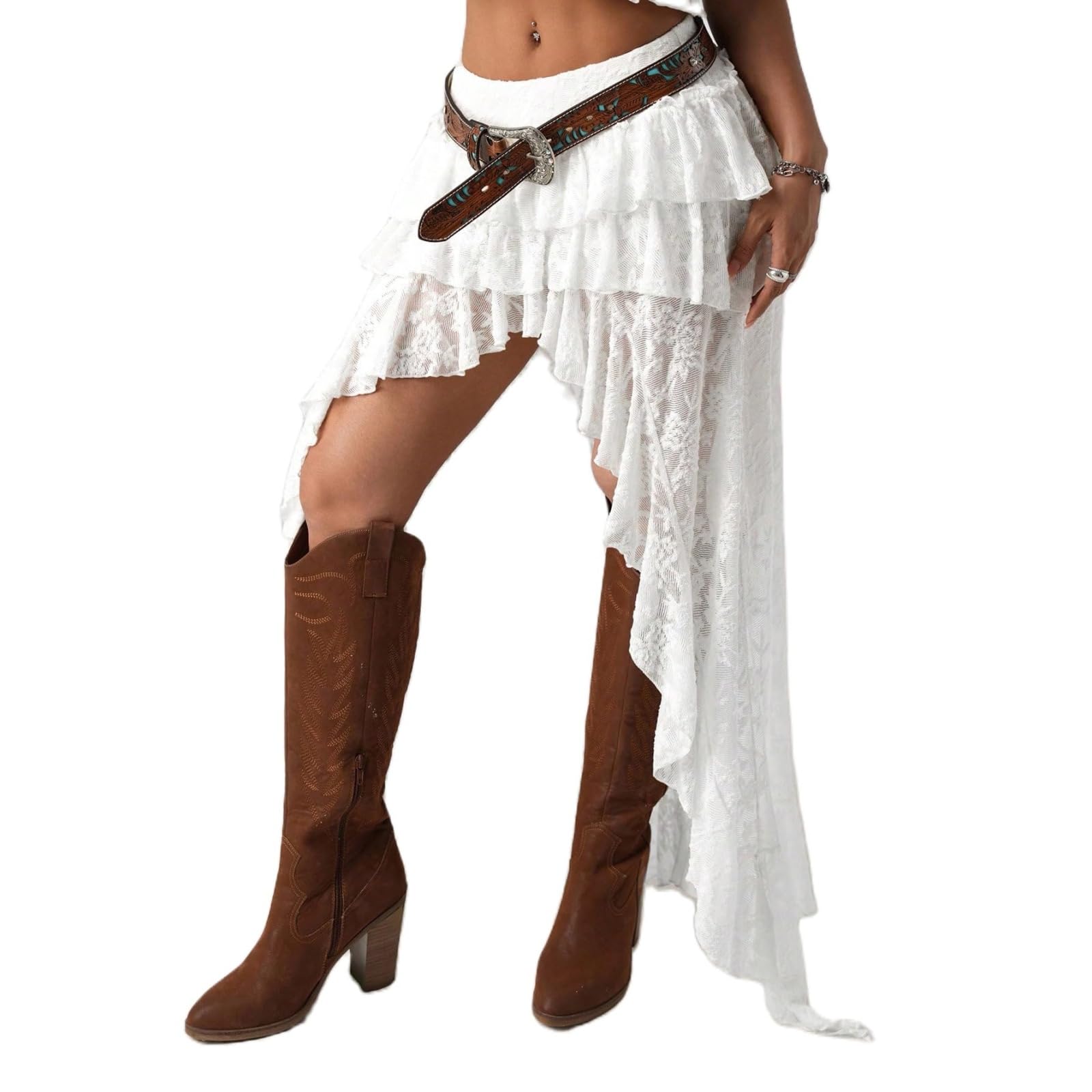 Generico Gonna Lunga Donna Y2K a Strati in Pizzo, Maxi Gonna Boho Floreale Asimmetrica con Volant, in Rete Trasparente – Stile Western Cowgirl per Vacanze