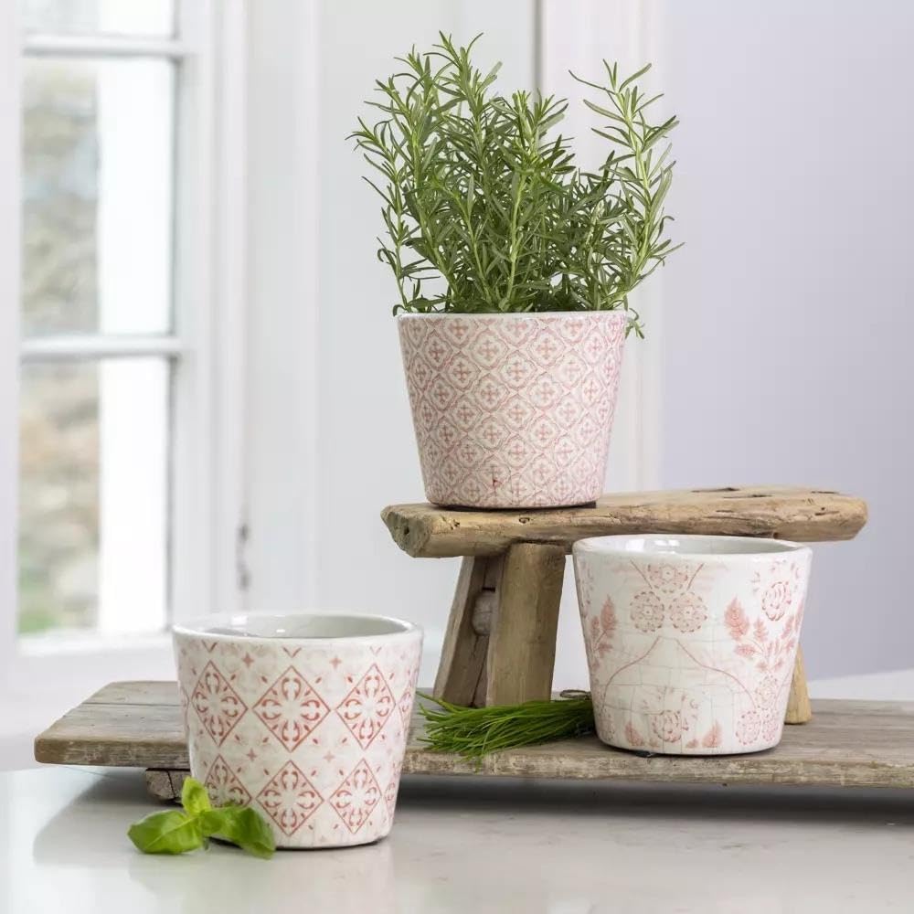Dutch Pot, 1x Rose Pink & White Crackle Glazed Terracotta Plant Pot - 3 Styles (Sold Individually), Medium Rustic Plant Pot Cover, Succulent Planter, Terracotta Pot (12 x 14cm) (Diamond Tile)