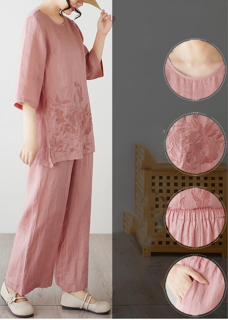PRINCESS BRIDE Elegante set di due pezzi da donna in lino con stampa floreale con orlo a fessura top ramiè pantaloni a gamba larga tasche laterali