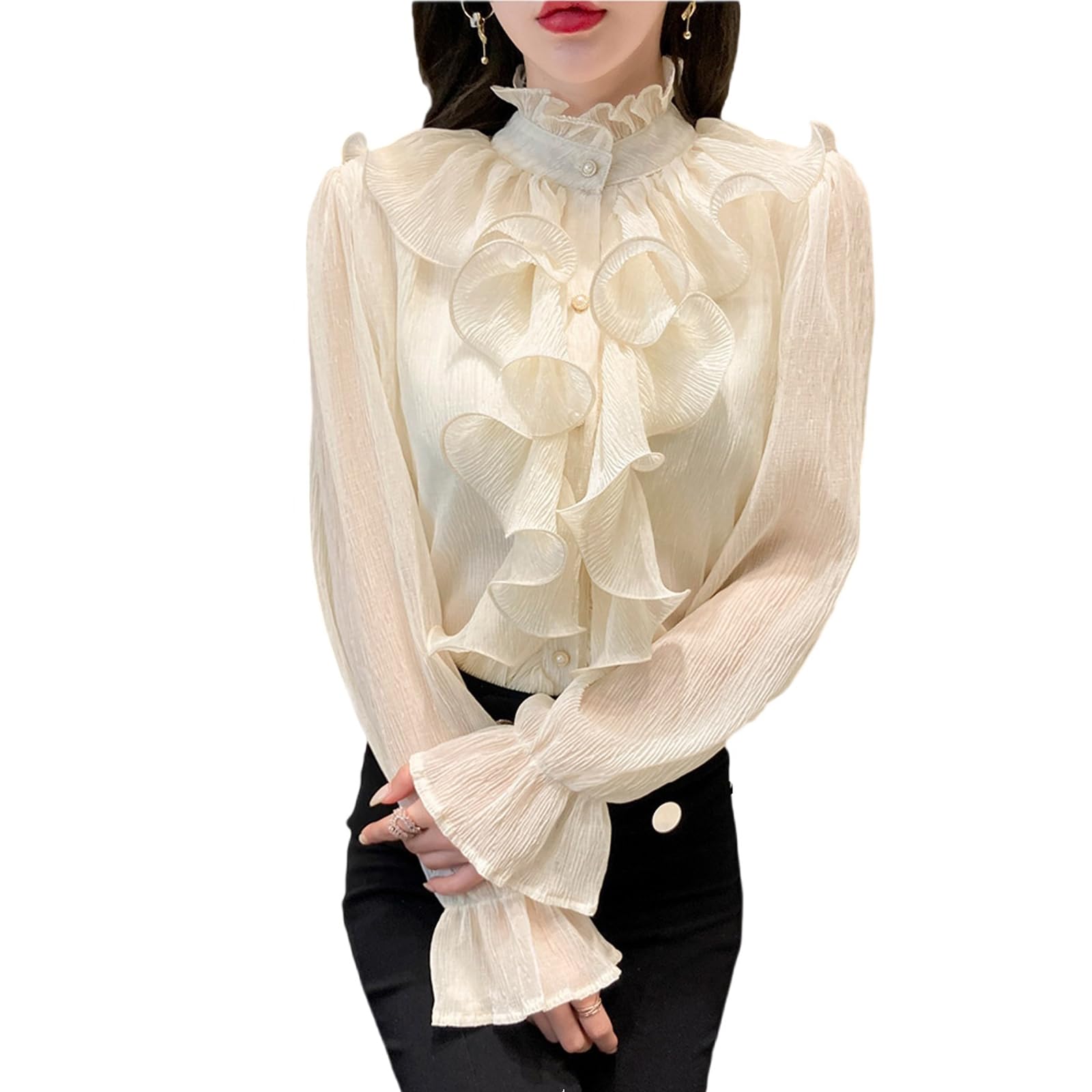 Korean Summer Shirt, Women's Chiffon Ruffled Long Sleeved Shirt, Women's Sweet top