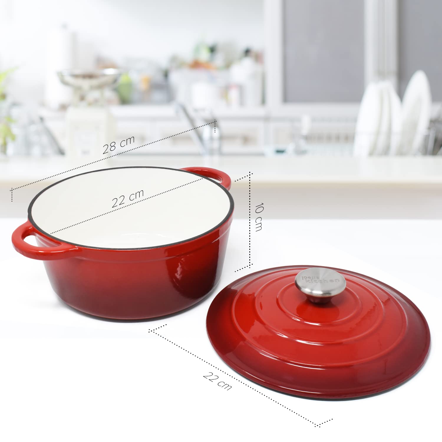Joeji's Kitchen Żeliwne naczynie żaroodporne z pokrywką do piekarnika i płyty kuchennej, emaliowany garnek z powłoką nieprzywierającą do kuchenki i piekarnika, 28 cm