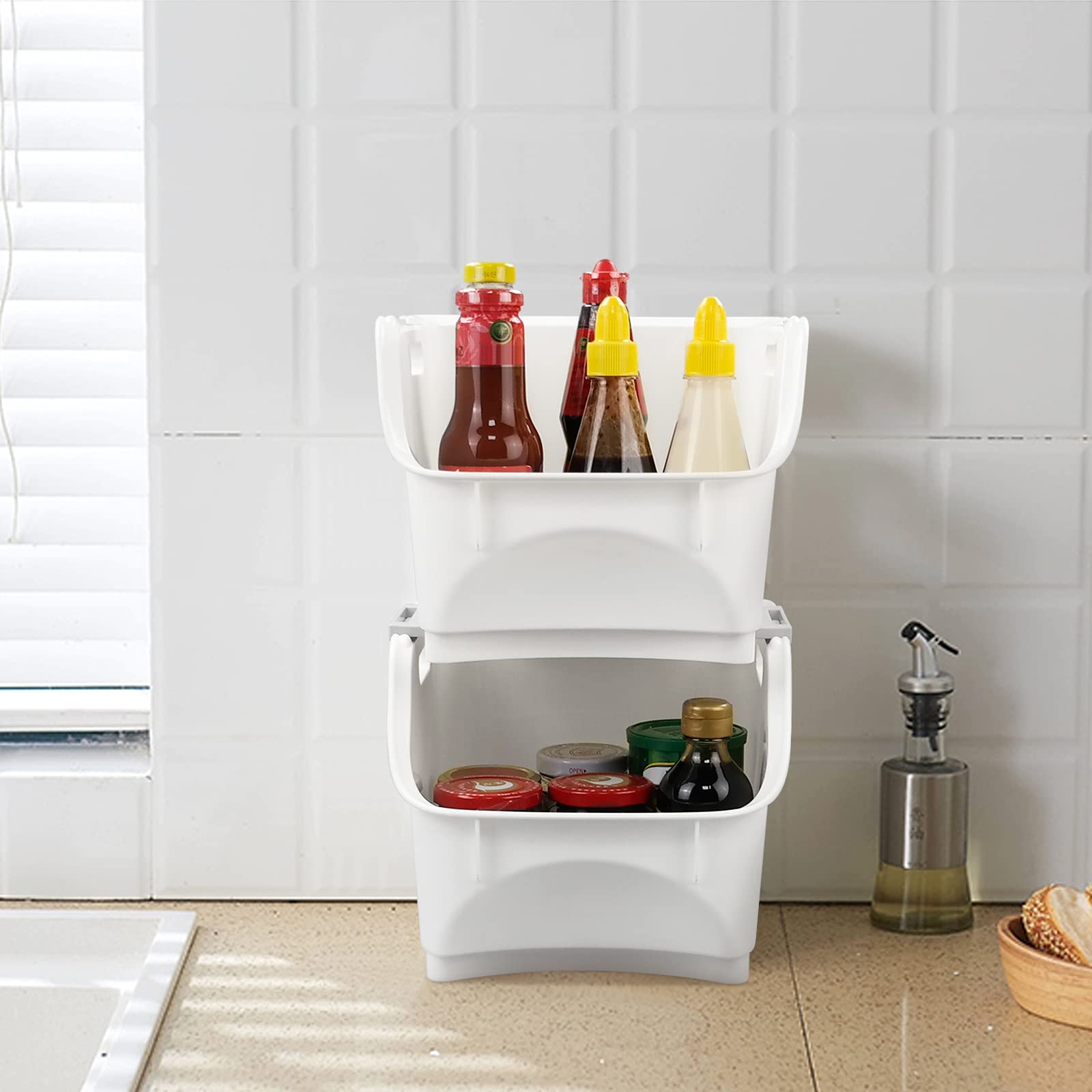 Cesta De Almacenamiento Apilable De Plástico, 3 Paquetes, Blanco
