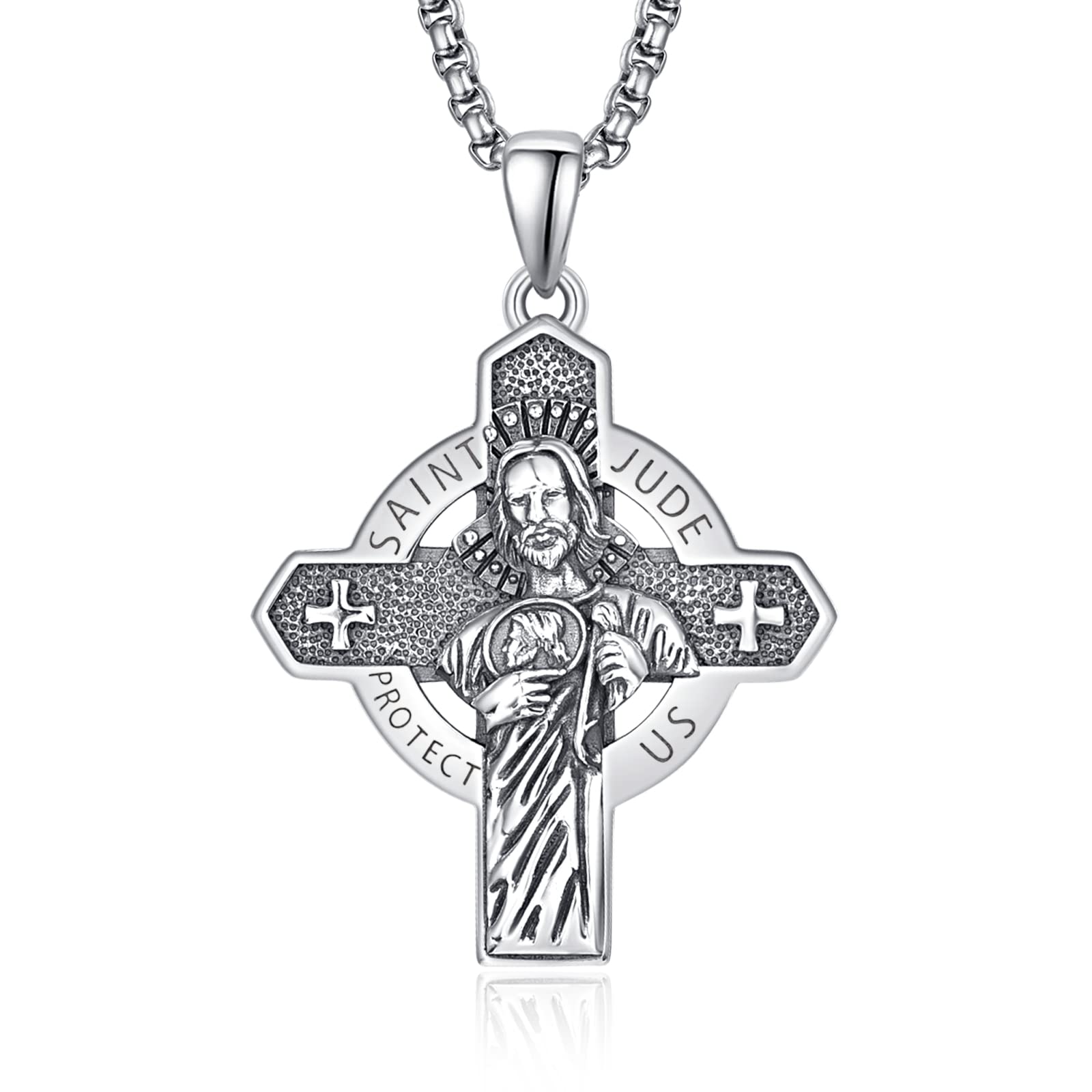 ADMETUS'ADMETUS 925 Sterling Silver Patron Saint Necklace | Amulet Necklace Cross Jewelry for Men with 2.5mm 22''+2'' Rolo Chain'