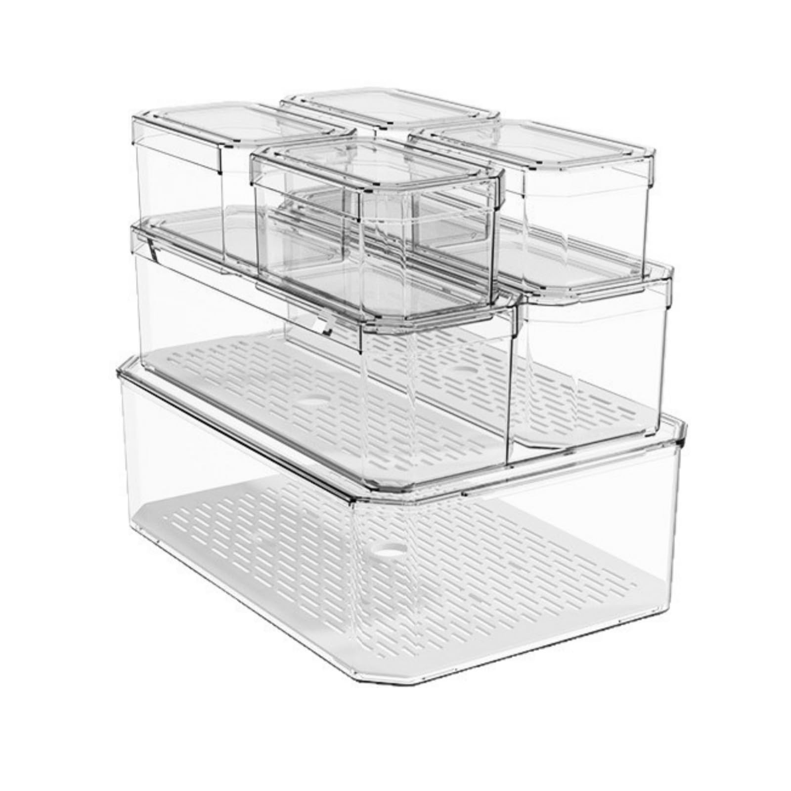 7 Pezzi Contenitore con Vassoio Forato Trasparente Contenitore Impilabile Leggero Organizer da Cucina per Ripostiglio