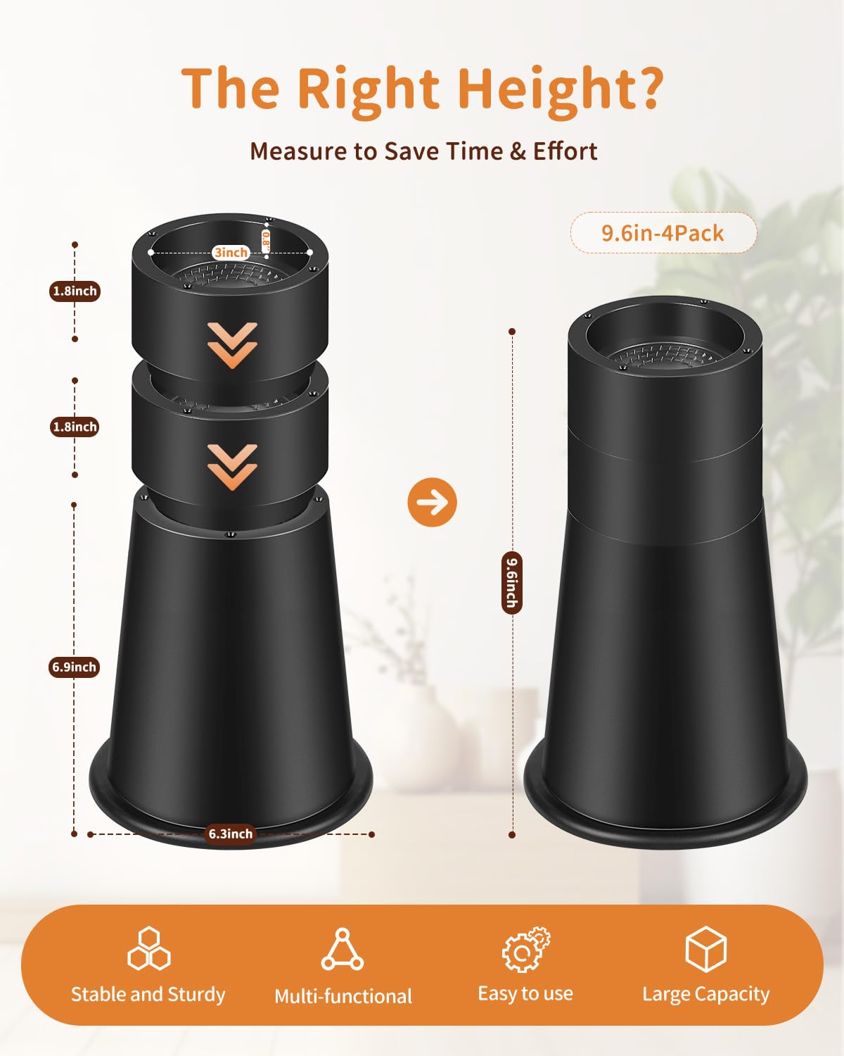 Elevadores de cama resistentes de 9.6 pulgadas, elevadores redondos ajustables para camas, sofás, mesas y escritorios (negro, paquete de 4)