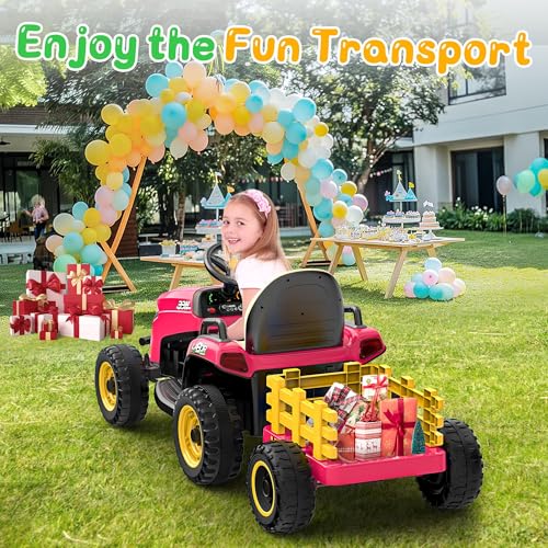 Image of ANPABO 24V Ride On Tractor for Kids w /Detachable Trailer, EVA Tires, Pink