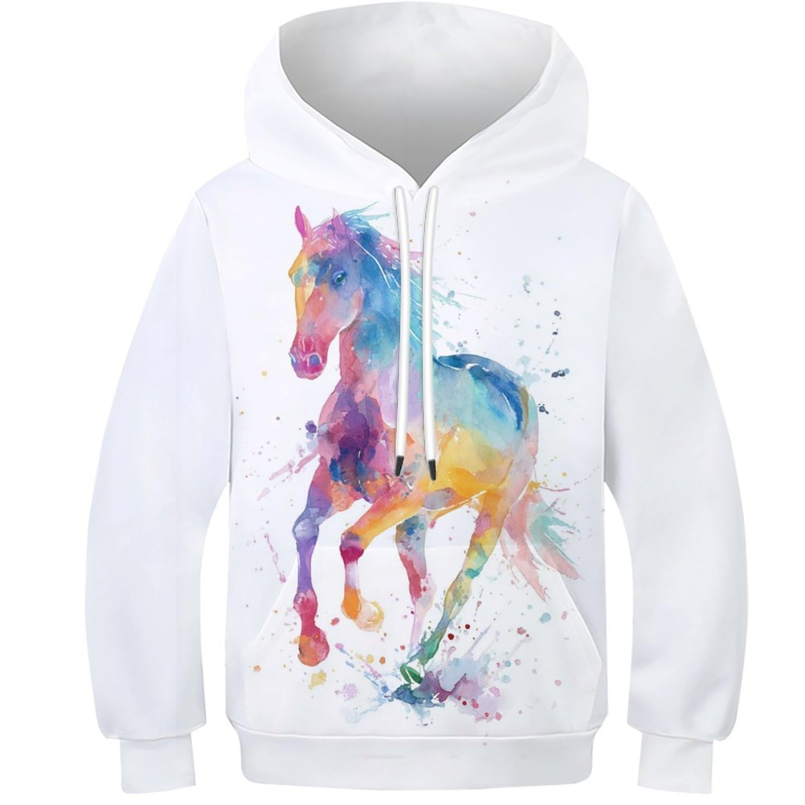 OPCALIS Kids Teen Girl Boy Hoodie Horse 3D Printed Pullover Sweatshirt Long Sleeve Pony with Pocket Novelty Casual 12-14Y