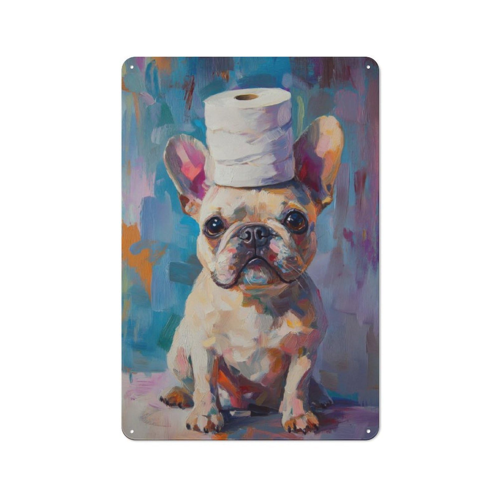 Junmoney French Bulldog With Toilet Paper Hat Country Vintage Metal Wall Decor 30X20cm, Country Metal Sign For Kitchen, Cottage, Porch Or Garden Room