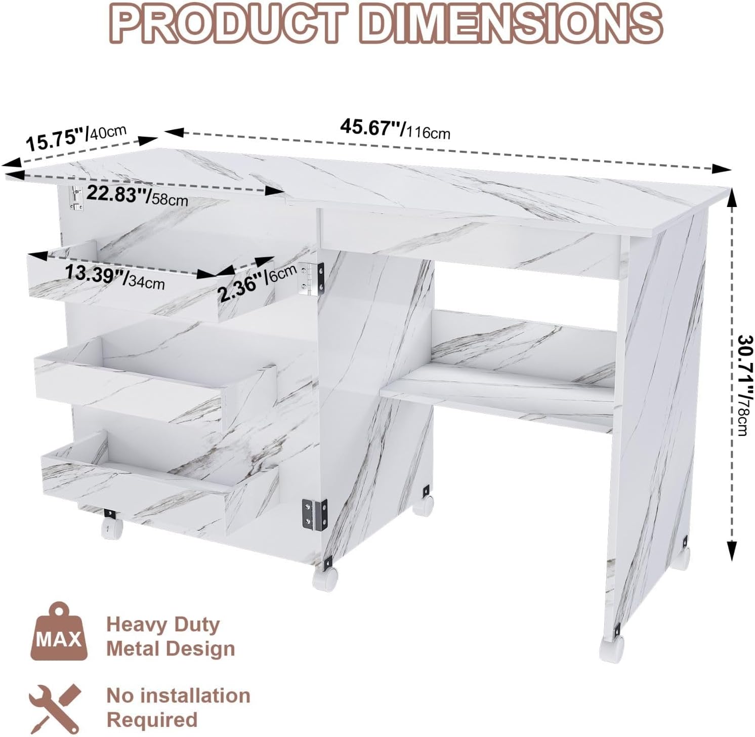 Folding Sewing Table with Storage Shelves, Marble Pattern Craft Desk with Lockable Wheels, 4-in-1 Collapsible Sewing Cabinet for Home Office, Craft Room & Kitchen