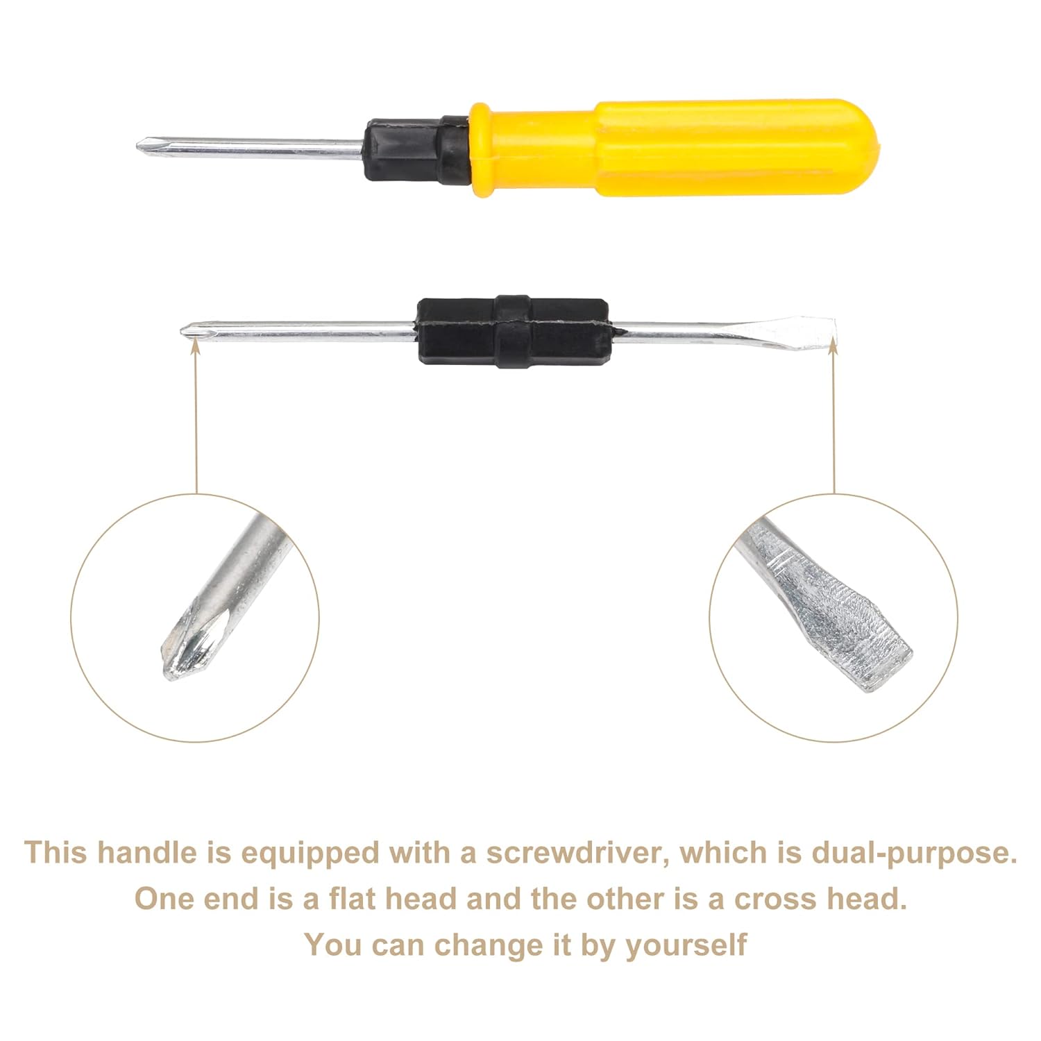 Close-up of the included dual-purpose screwdriver, showing its flat head and cross head.