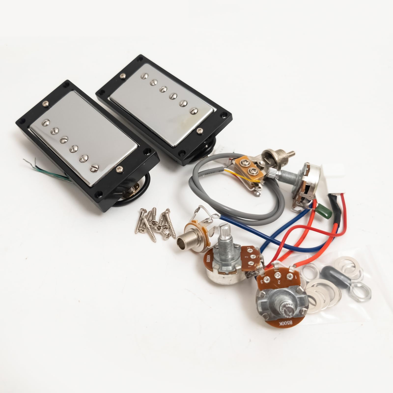 Humbucker-Tonabnehmer-Set für Gibson LP SG Gitarre, warmer 7,5 K Hals + kräftiger 15 K Steg-Keramik-Magnet, kompatibles Upgrade für E-Gitarre, 2V2T Verkabelung (Chrom BK 2V1T Kabelbaum-Set)