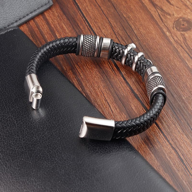 Image of THE MEN THING Leather Bracelet for Men - American Style Genuine Leather Multi-Layer Braided Bracelet with 100% Stainless Steel Magnetic Buckle for Men & Boys (8 inch)