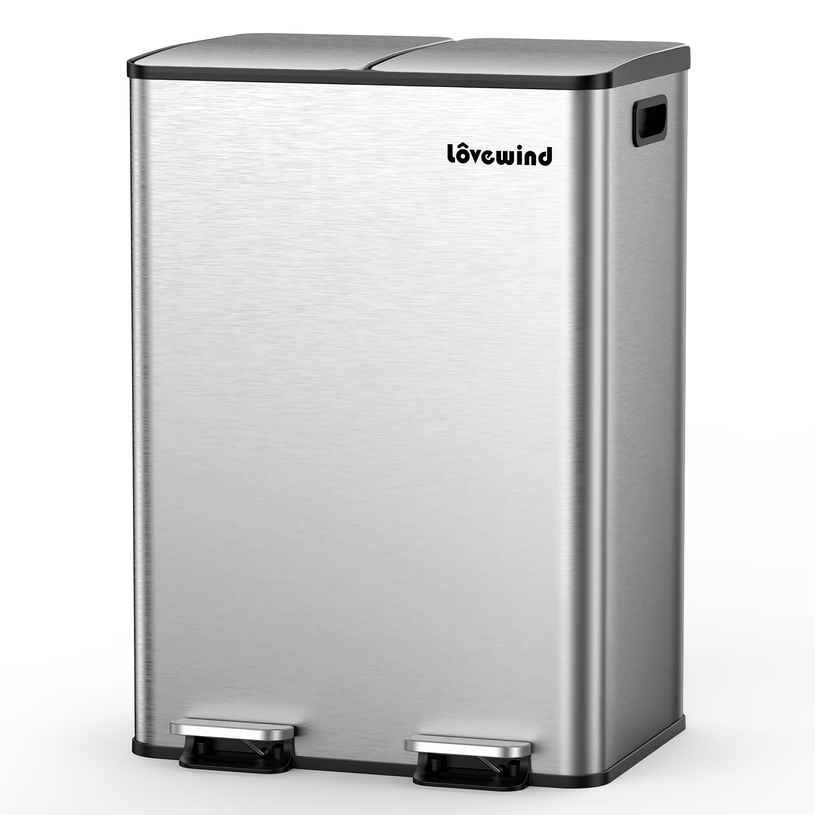 Lovewind Kitchen Trash Can, 2 x 8 Gallon (2 x 30 L) Stainless Steel Trash and Recycle Bin Combo with Soft-Close Lid, Dual Compartment Recycling Kitchen Step Trash Bin, Silver