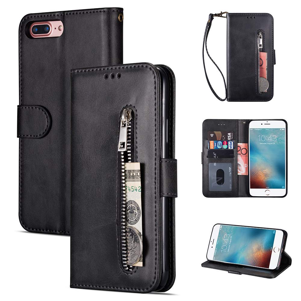 LLZ.COQUE for iPhone 8 Case iPhone 7 Flip Case Wallet Purse Style Premium PU Leather Cover with Card Slots Zipper Pocket Wrist Hand Strap Silicone Shockproof Case for iPhone 7 iPhone 8 Black
