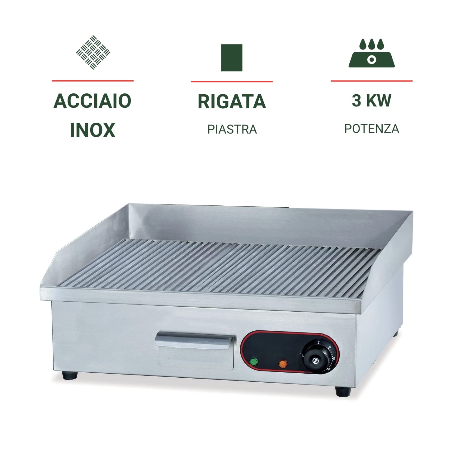 Ristoattrezzature Fry Top Griglia Elettrico da Banco - Professionale - Acciaio Inox - Piastra Rigata - 3 kW - 55x45x23h cm