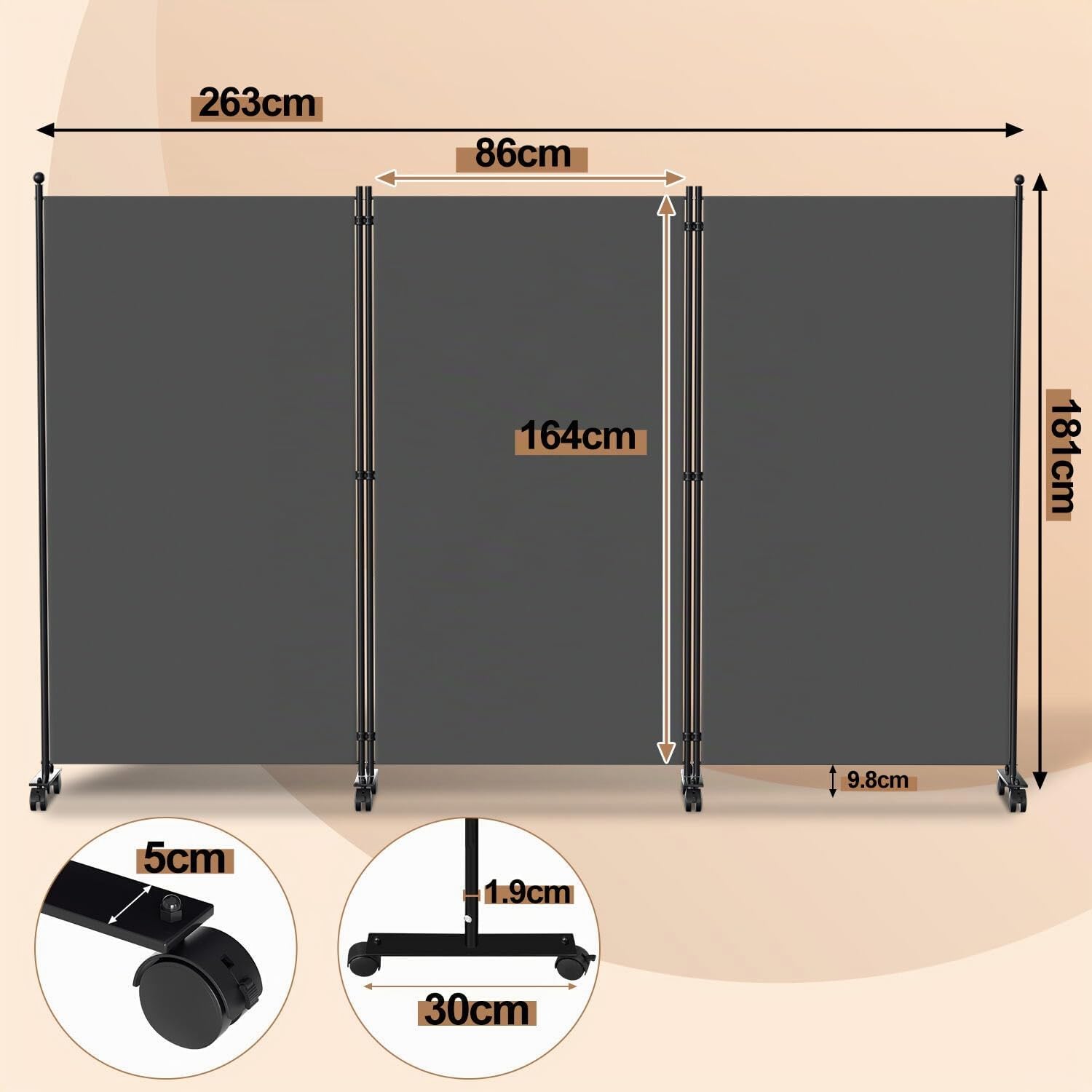 Paravent auf Rollen 263x181cm - Raumteiler 3 Teilig Anthrazit für Büro, Eventbereich Indoor | Spanische Wand Mobile Trennwand (Anthrazit)