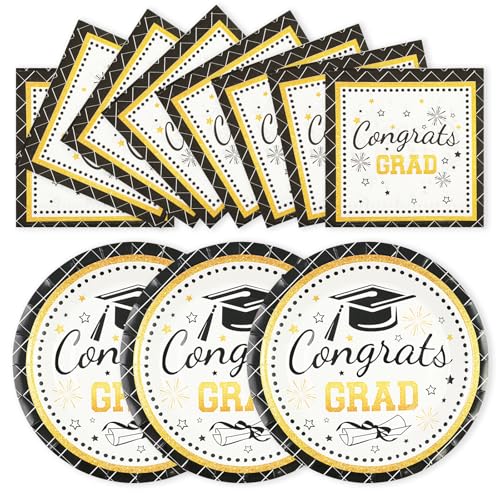 50PCS Graduation Plates Party Supplies 7INCH Black and Gold Paper Plates and Napkins 2026 Graduations Party Decorations Disposable Tableware for College High School Congrats Grad Party Supplies