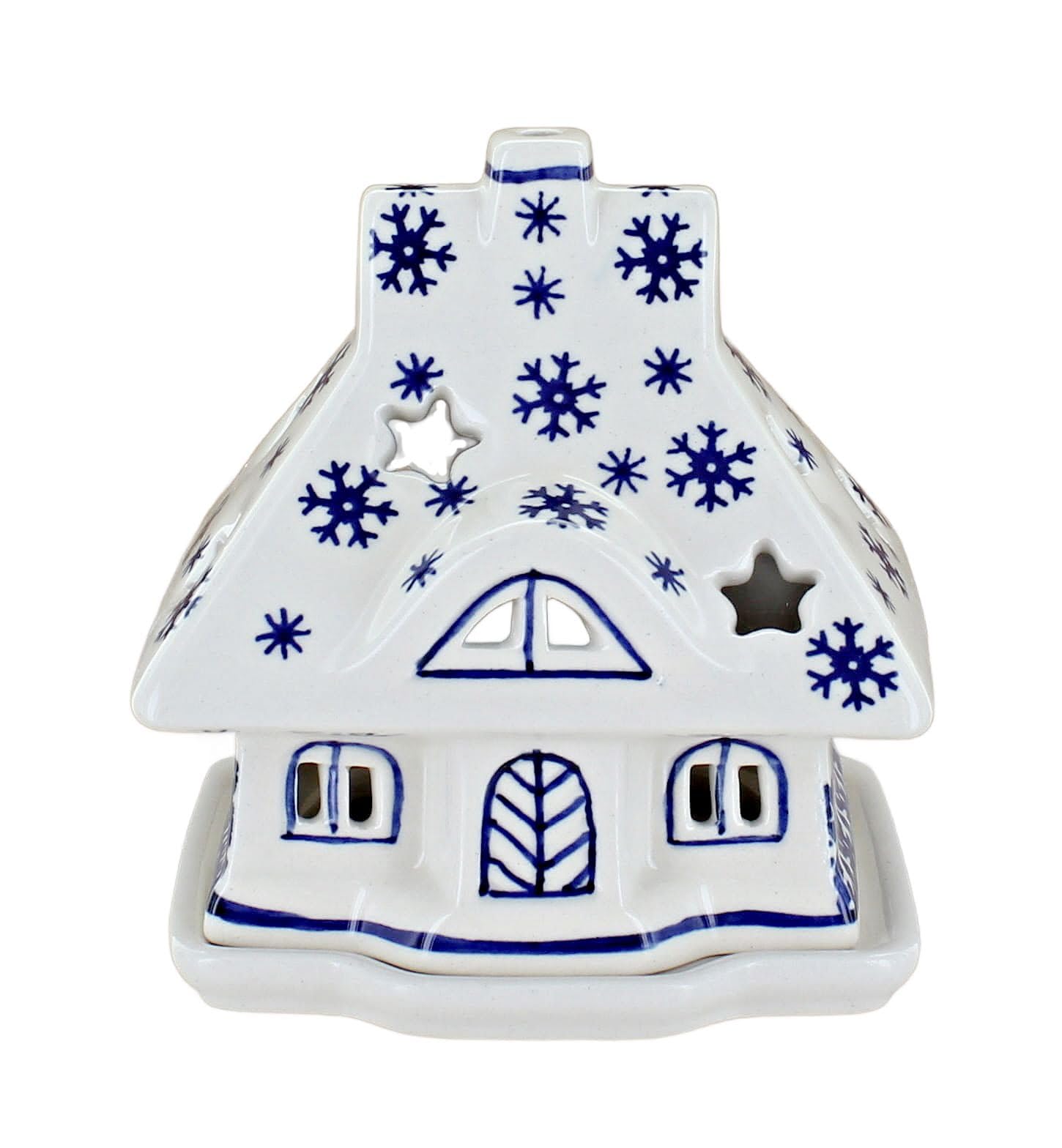 Blue Rose Polish Pottery - Blue Snow Flurry House Luminary - 5" x 4.5" - Hand-Painted Polish Pottery Holiday Candle Holder, Unique Christmas Gift & Festive Décor