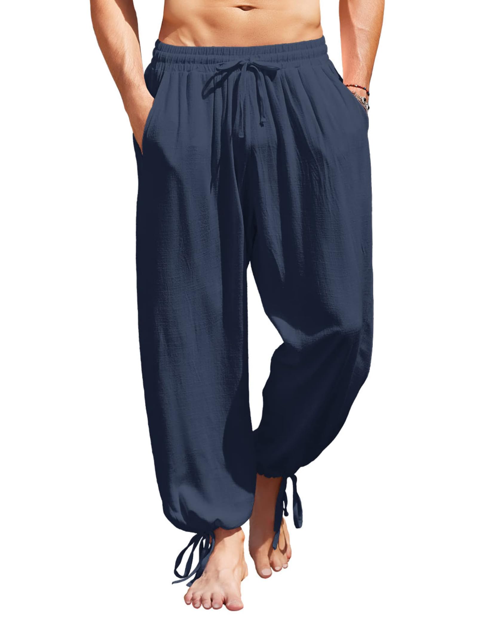 COOFANDY Men's Cotton Linen Casual Pants Elastic Waist Harem Beach Trousers