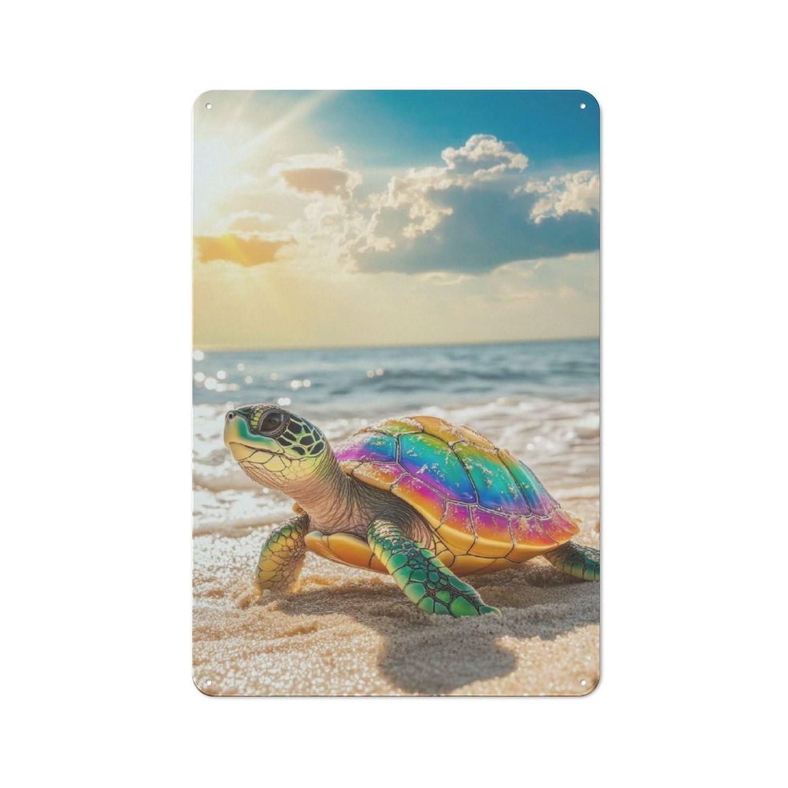 Junmoney Rainbow Sea Turtle On Beach Retro Metal Wall Decor 30X20cm, Tin Wall Sign For Bakery, Diner, Cafe Or Family Room