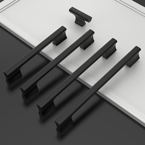 Miniatura 9 de Amerdeco Paquete de 10 tiradores de gabinete negro mate de 5 pulgadas (5.039 in) con agujeros centrales para gabinetes de cocina, manijas de cocina