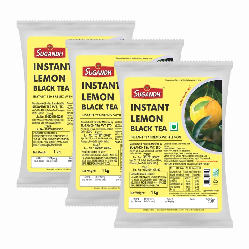 Image of Sugandh Lemon Black Tea Premix | 3kg Family Pack (3 x 1kg) | Instant Refreshing Tea Powder | Easy to Make Anywhere