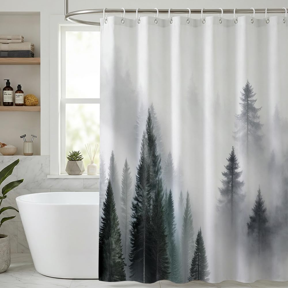 Rohxyzo Washable Shower Curtain with Hooks, Wet Room Shower Curtain 180 x 180 cm, Ink Art Misty Forest Print, Polyester Fabric Shower Curtains for Bathroom - Includes 12 Hooks