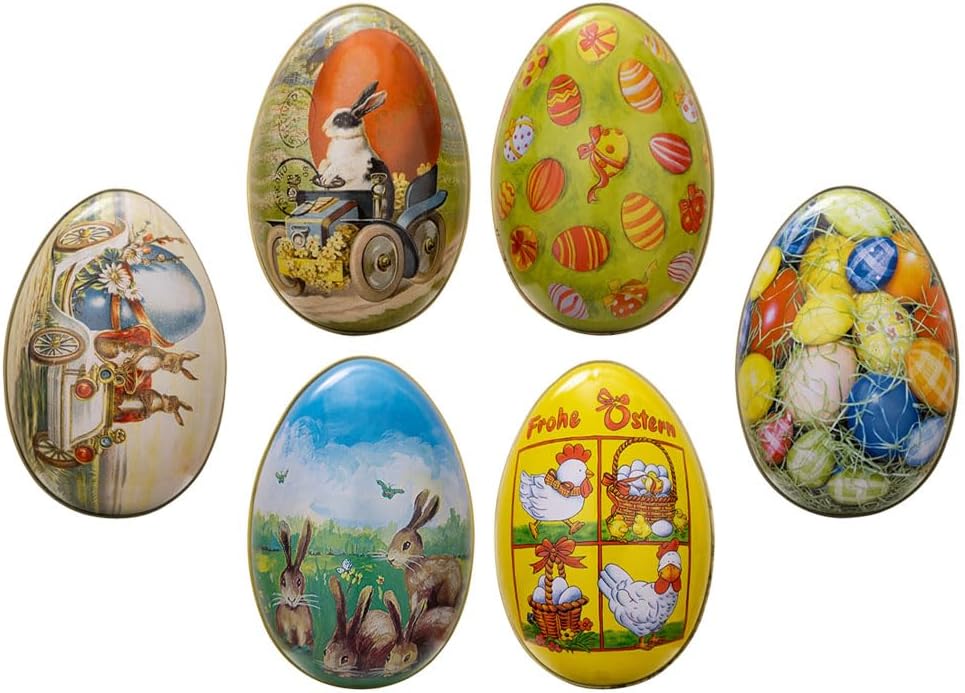 QianShi 6pcs Easter Egg Tin Box Metal Vintage Easter Bunny Candy Boxes Tinplate Storage Box Bakery Treat Boxes Cookie Container Tin Easter Tier Tray Decor Holiday Party Decorations Favors