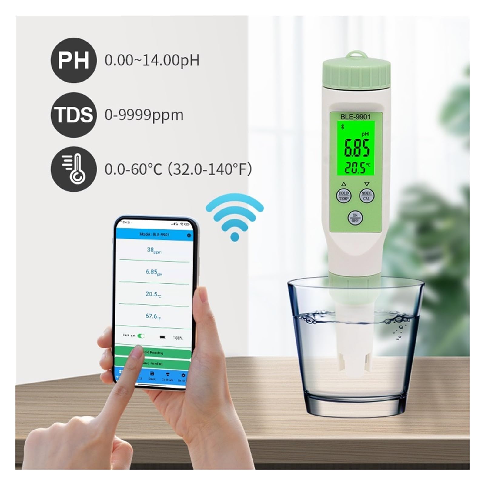 Medidor Agua 3/4/5/7 En 1 Medidor De PH Bluetooth TDS/EC/ORP/salinidad/SG/Herramienta Temperatura Monitor Calidad del Agua Digital Probador For Acuario Multiusos Preciso Fácil(BLE-9909)