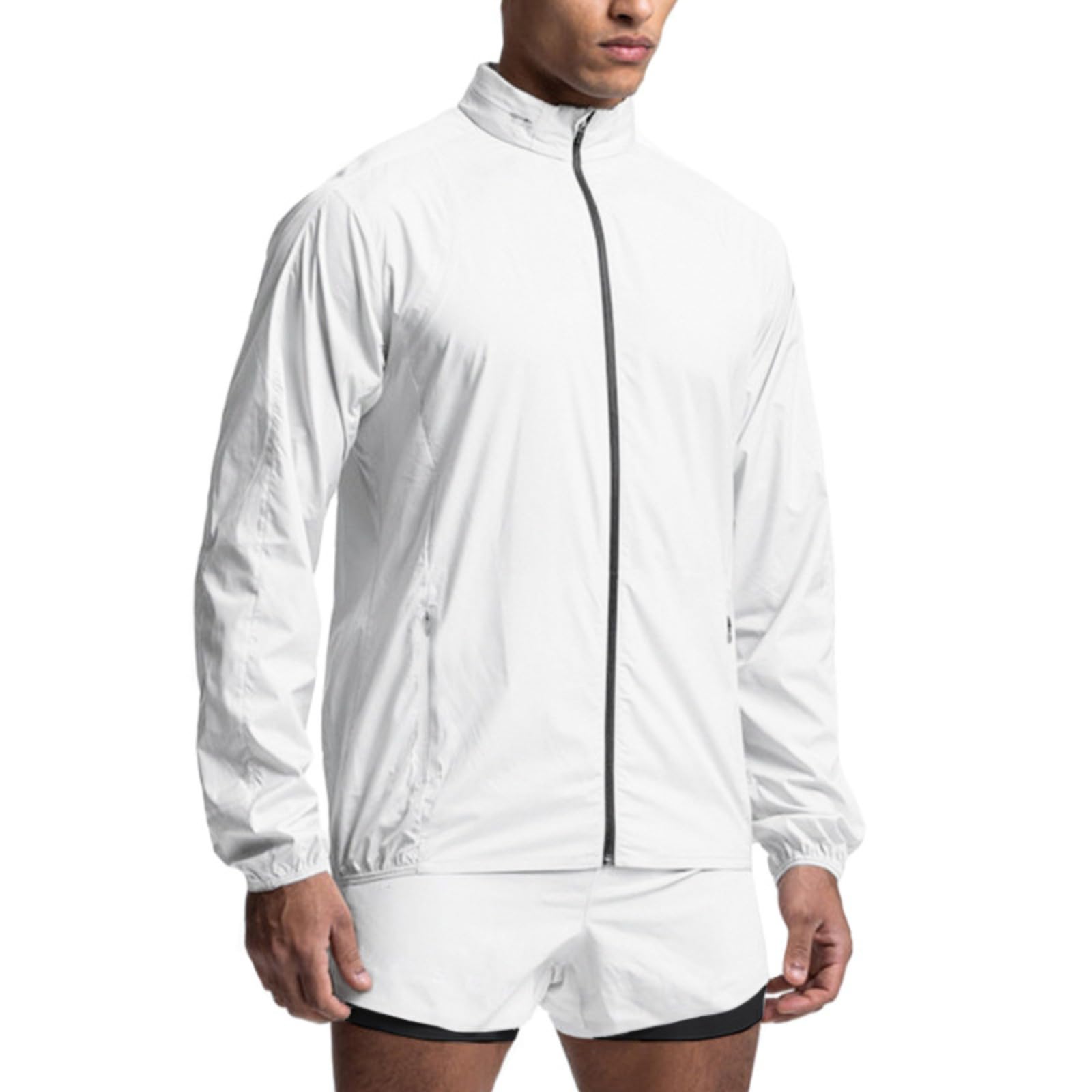 Kreeqe Men Night Running Jacket Full Zip Sun Protection Hoodie Long Sleeve Sun Shirts for Men Hiking Fishing Pockets(white,L)