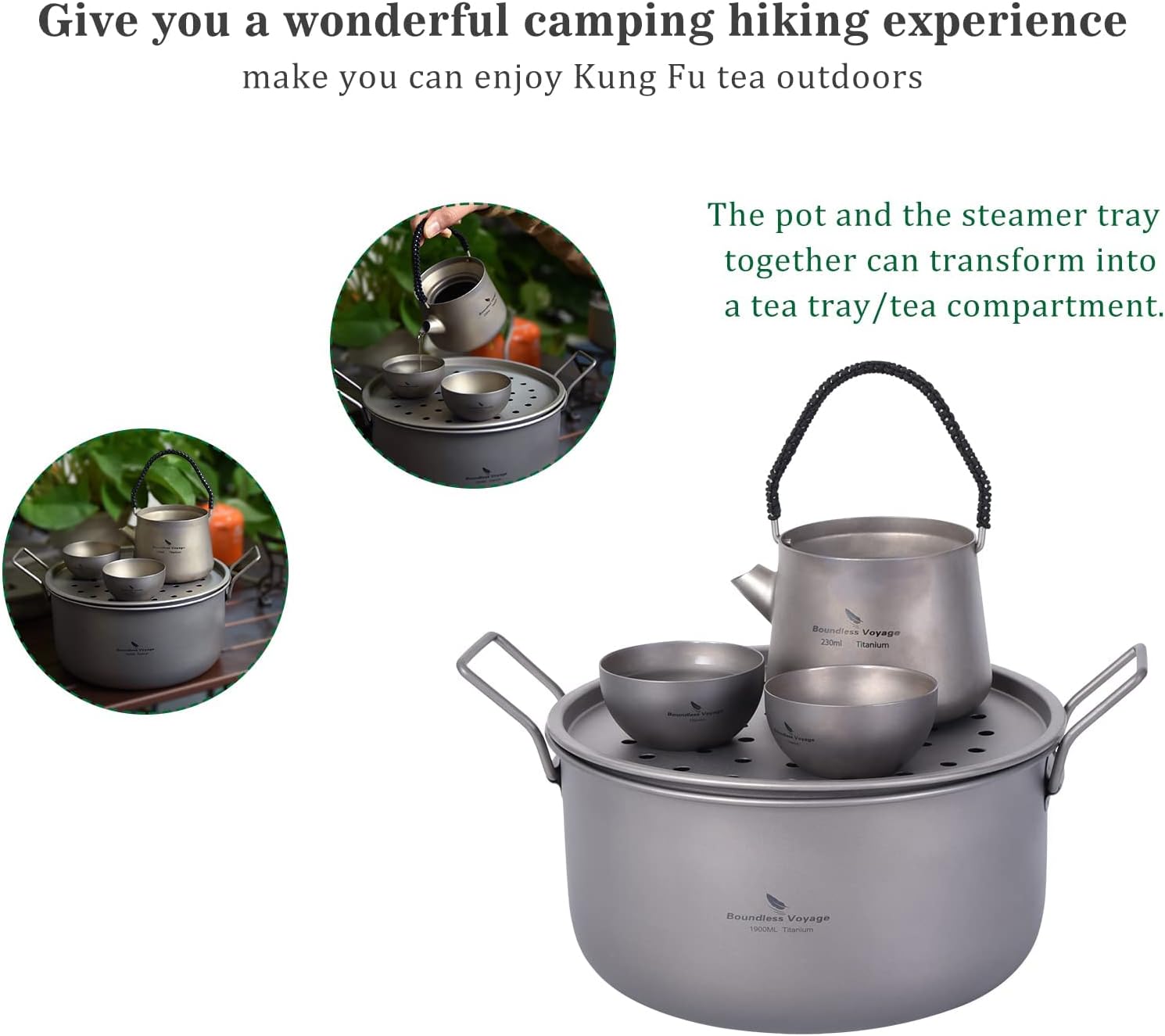Boundless Voyage Multifunctional Titanium Steamer Pot with Frying Pan and Vented Lid Outdoor Camping Backpacking Kitchen