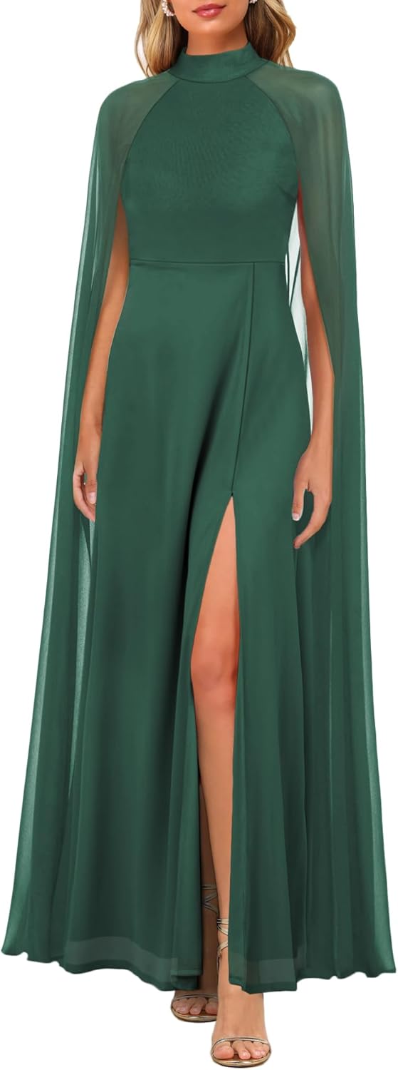 MAYFASEY Women's Elegant Long Sleeve Halter Neck Sexy Split Cocktail Evening Party A Line Maxi Long Formal Dress with Cape - Image 2