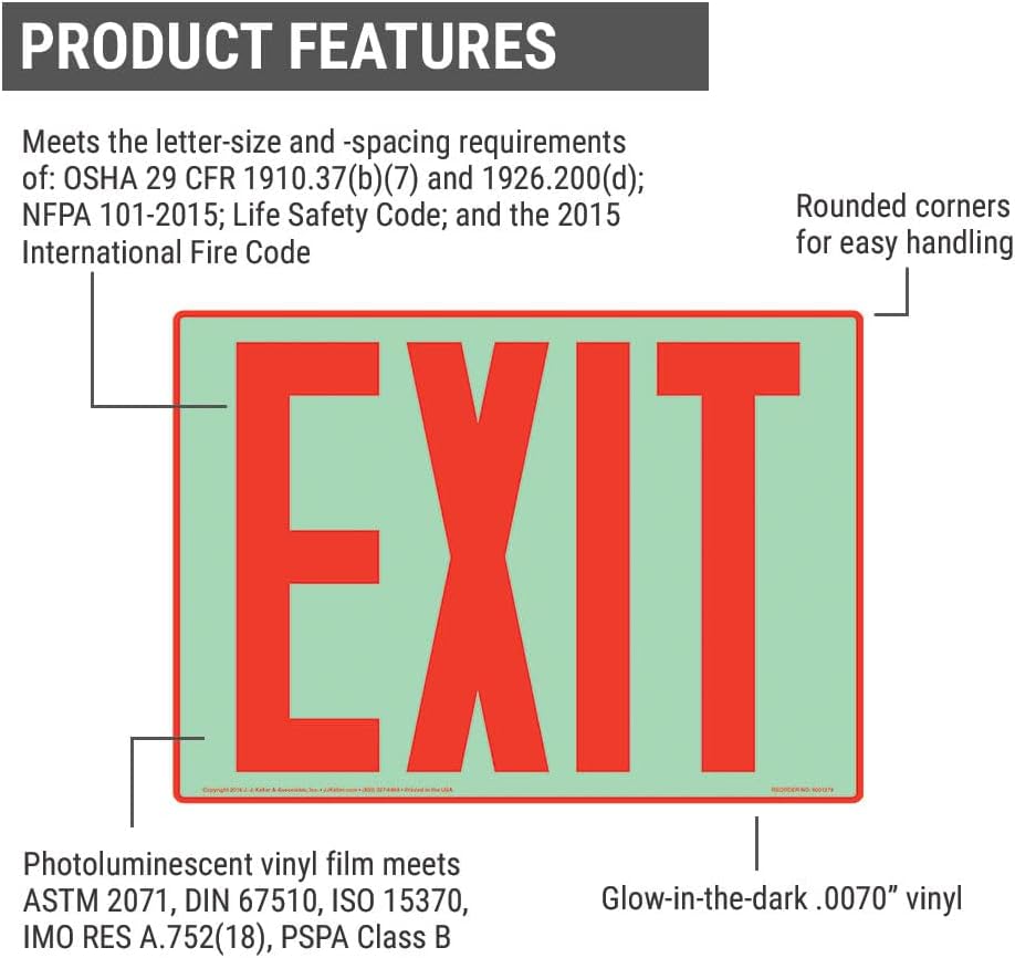 Glow in the Dark Exit Sign, 2 Pack 14" x 10" Permanent Self Adhesive Vinyl, OSHA, NFPA, IFC, ASTM, DIN, ISO, IMO RES, PSPA Compliant, J. J. Keller & Associates, Inc.