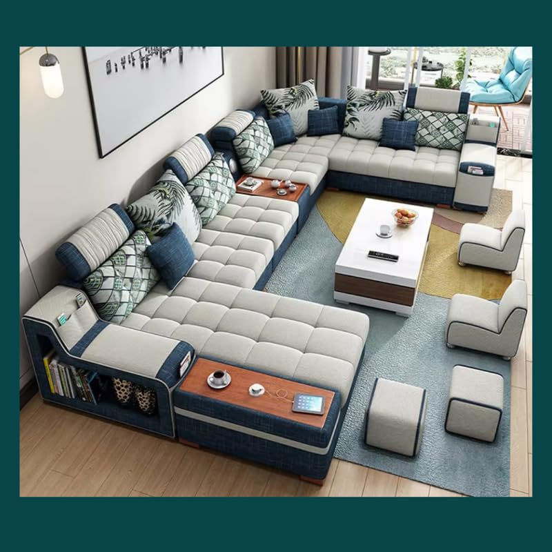 Image of Homax. Livia 12-Seater Modular U-Shape Sectional Sofa Set - Interchangeable Design, Smart Console, Bluetooth Speakers, USB Deck, Adjustable Headrests, Multi Storage | Color: Beige-Teal