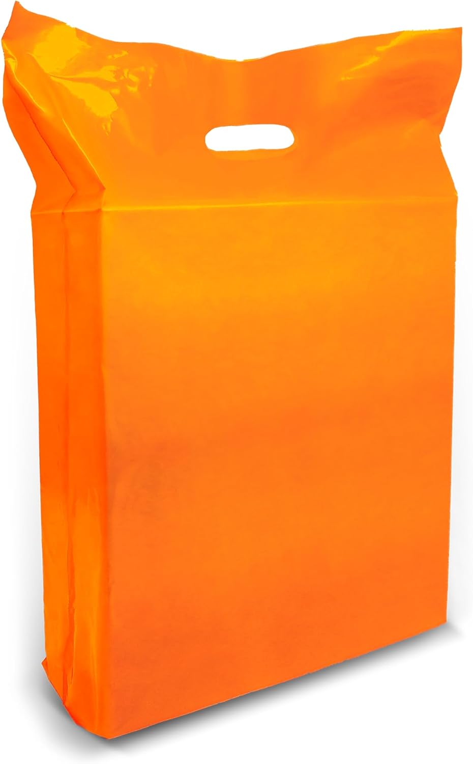 Orange Merchandise Bags 100 Pack, Large 15 x 18 Inch Plastic Shopping Bags with 2 Inch Gusset and Die Cut Handles, Recyclable Bulk Bags for Retail Stores, Events, Gifts and Party Favors