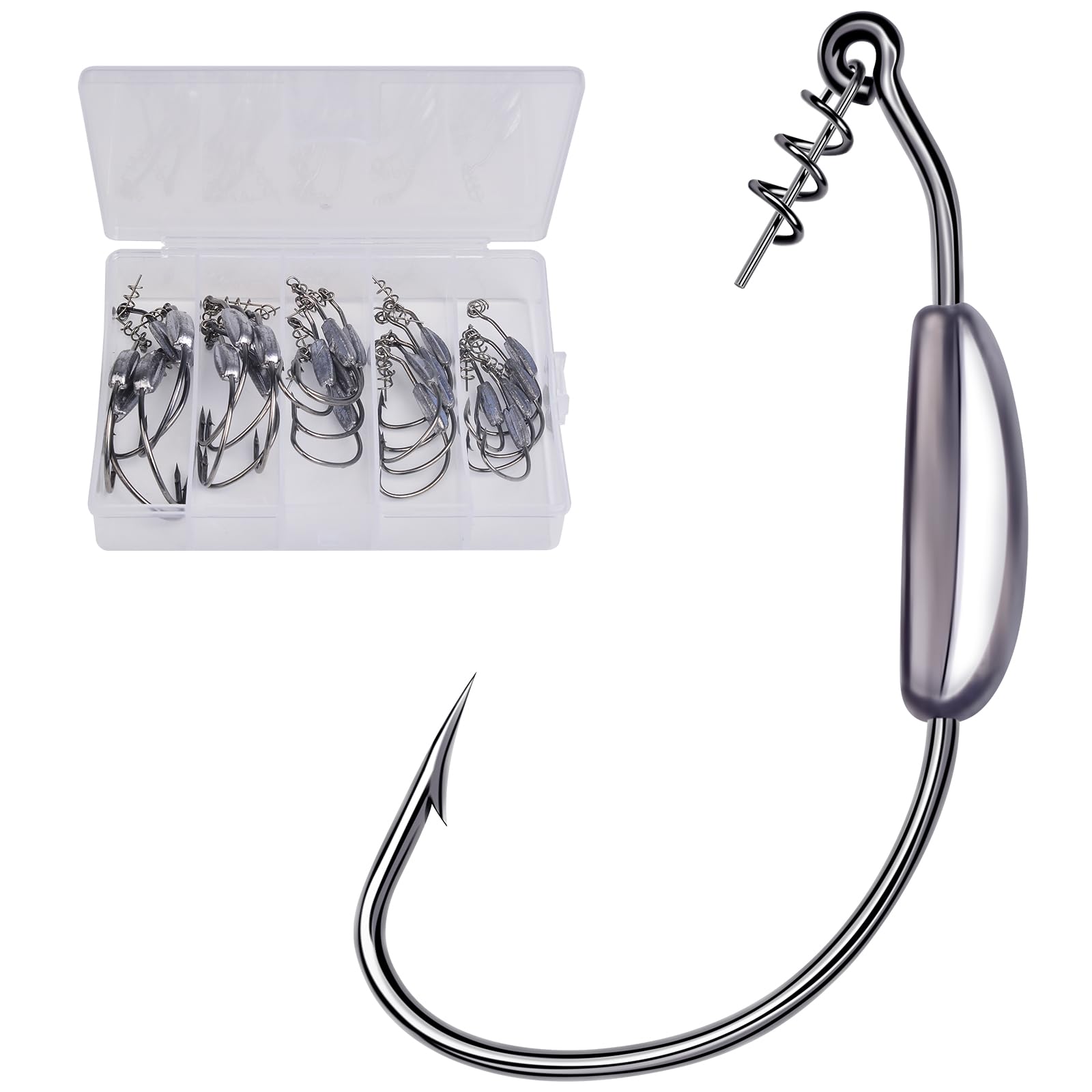 Swimbait Hooks for Bass Fishing - 25pcs Weighted Worm Hook Texas Rig Hooks for Freshwater Saltwater Size 2/0 - Soft Plastics Lures Worms Bait Fishing Hook with Tackle Box