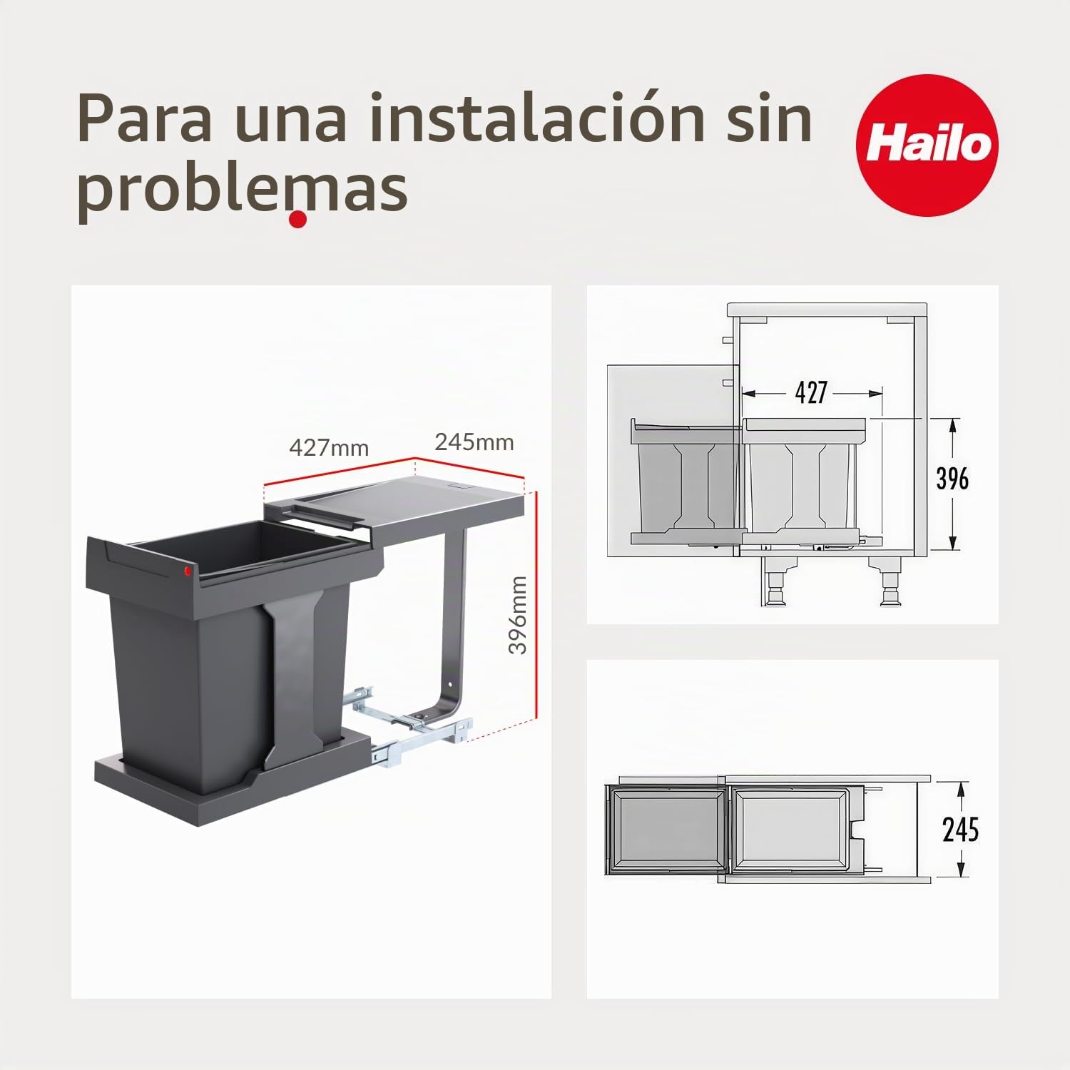 Hailo Cubo de basura 3635001, modelo Solo con extracción manual, cubo interior de 20 litros, para armarios a partir de 300 mm de ancho con puerta giratoria, color antracita | de ancho de mueble/cubo de basura/recolector de basura/cubo