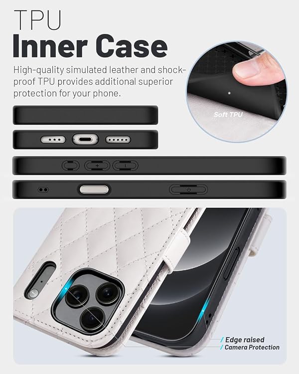 OCASE Compatible with iPhone 17 Pro Max Wallet Case, PU Leather Flip Folio Case with Card Holders RFID Blocking Kickstand [Shockproof TPU Inner Shell] Phone Cover 6.9 Inch 2025, Diamond Check White by OCASE - Used condition - Image 5