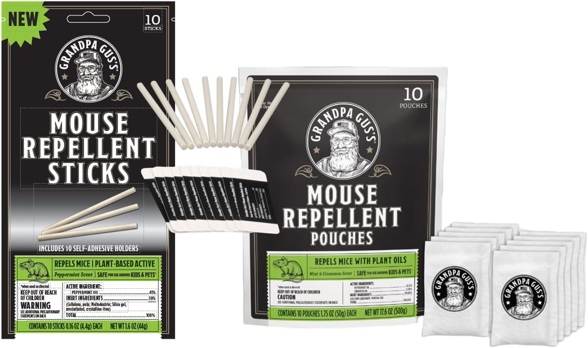 Grandpa Gus's Mouse Repellent Bundle: 10 Pouches & 10 Sticks for Natural, Non-Toxic Rodent Defense in Home & Garage. Safe for Kids & Pets with Effective, Long-Lasting Protection Against Mice