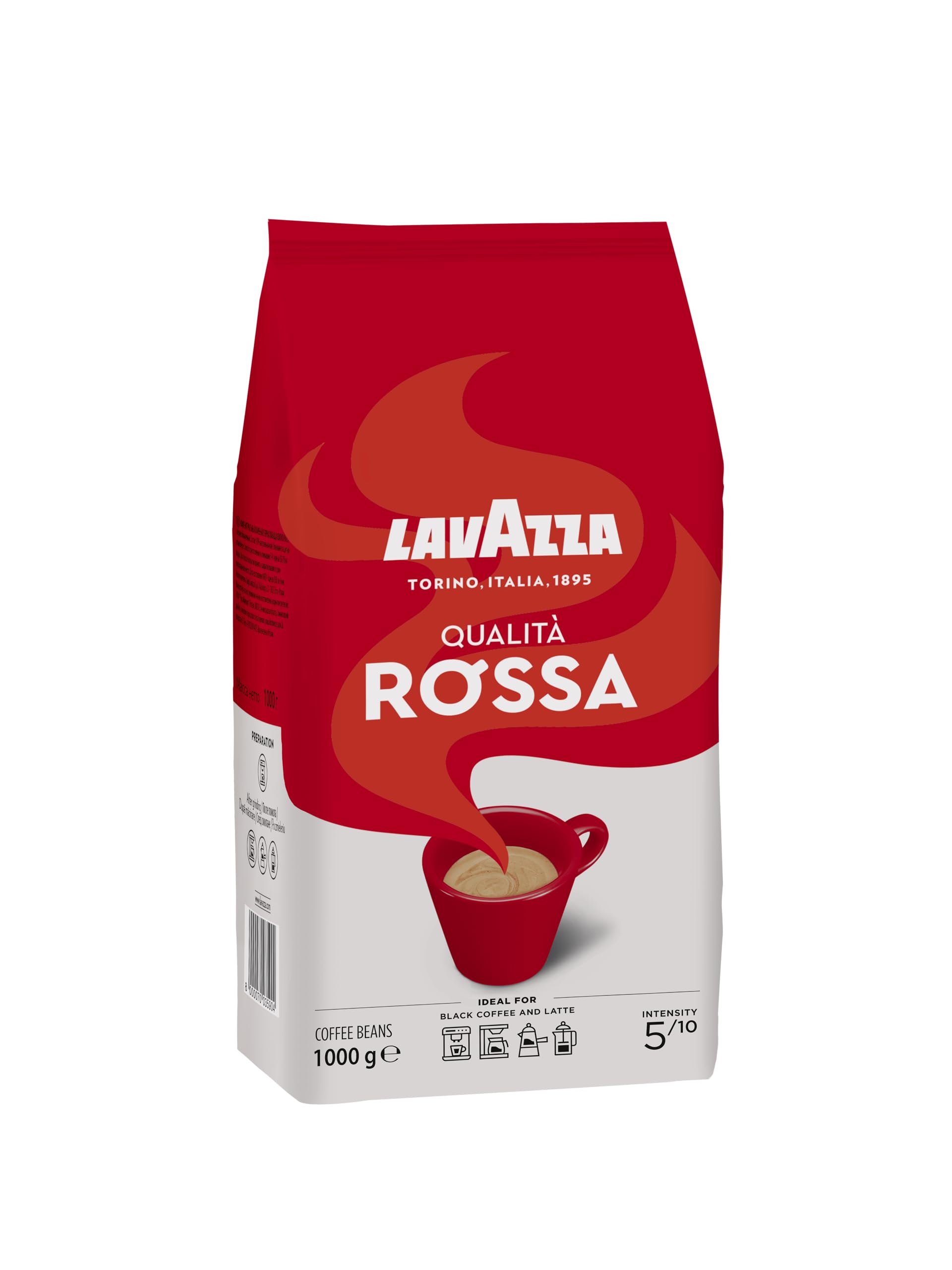 Lavazza, Qualità Rossa, Café en Grano Natural, Ideal para la Máquina de Café Espresso, con Notas Aromáticas de Chocolate y Frutos Secos, Arábica y Robusta, Intensidad 5, Tueste Medio, Paquete de 2 kg