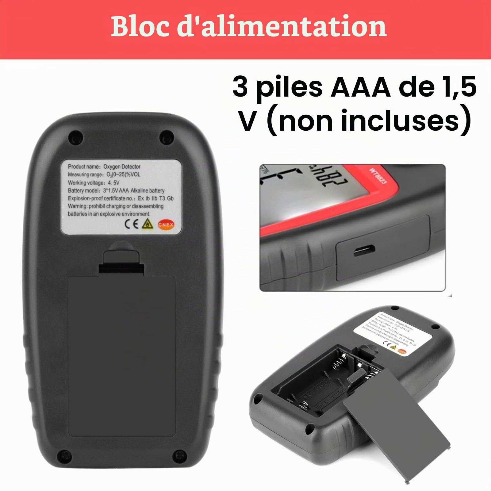 Jadeshay Detecteur de Gaz, Détecteur D'oxygène WT8821 0~25% VOL Analyseur de Testeur d'Oxygène Portable Détecteur O2 écran LCD, pour Travail Et Maison