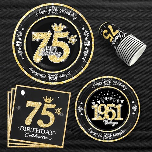 Image of 75th Birthday Decorations Black and Gold, Service for 30, Vintage 75th Birthday Party Supplies Includes Black Vintage 1951 Plates, Napkins, Cups, Plates and Napkins for Men Women