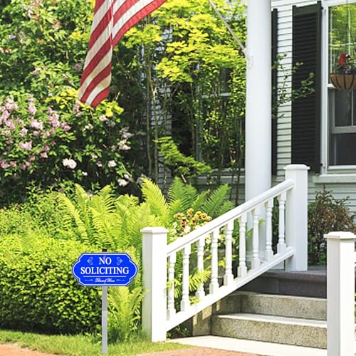 Image of Heavy Duty No Soliciting Sign for House - All Metal Construction No Soliciting Yard Sign - 14 inch x 7 inch - Aluminum - with 28 inch Long Stake (Blue)