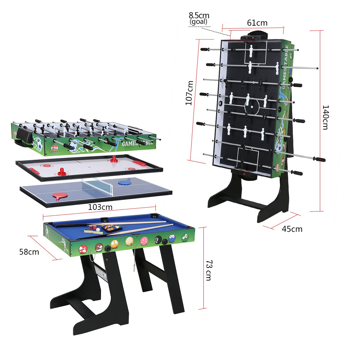 4 en 1 Table de Jeu pour Hockey, Billard, Babyfoot, Tennis de Table/Ping-Pong, Vert, 121,5 * 61 * 81,3CM