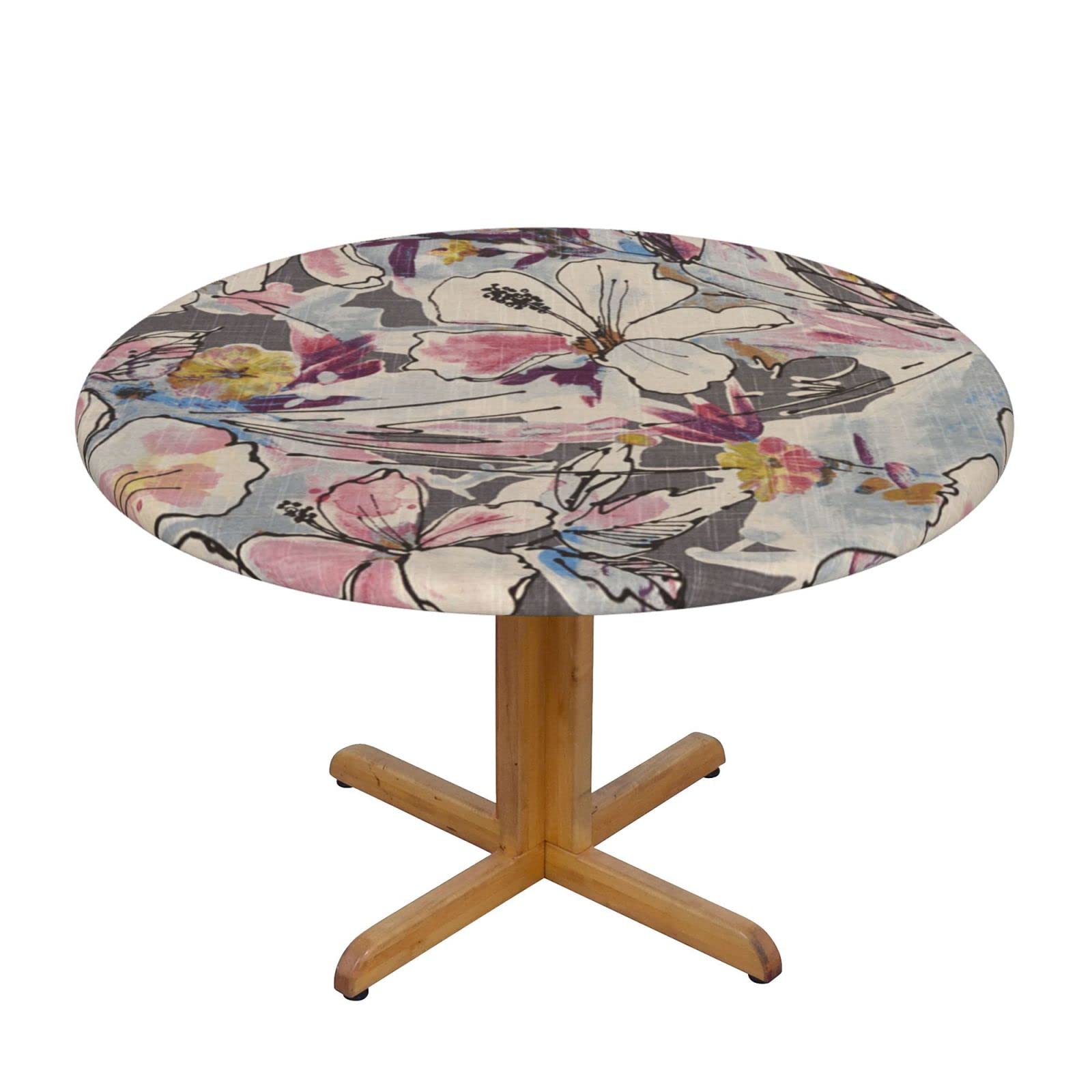 Lsjuee Round Fitted Tablecloth 45-50in Elastic Edged Table Cloth for Kitchen Dining Party Home Decor - Abstract Flower Pink