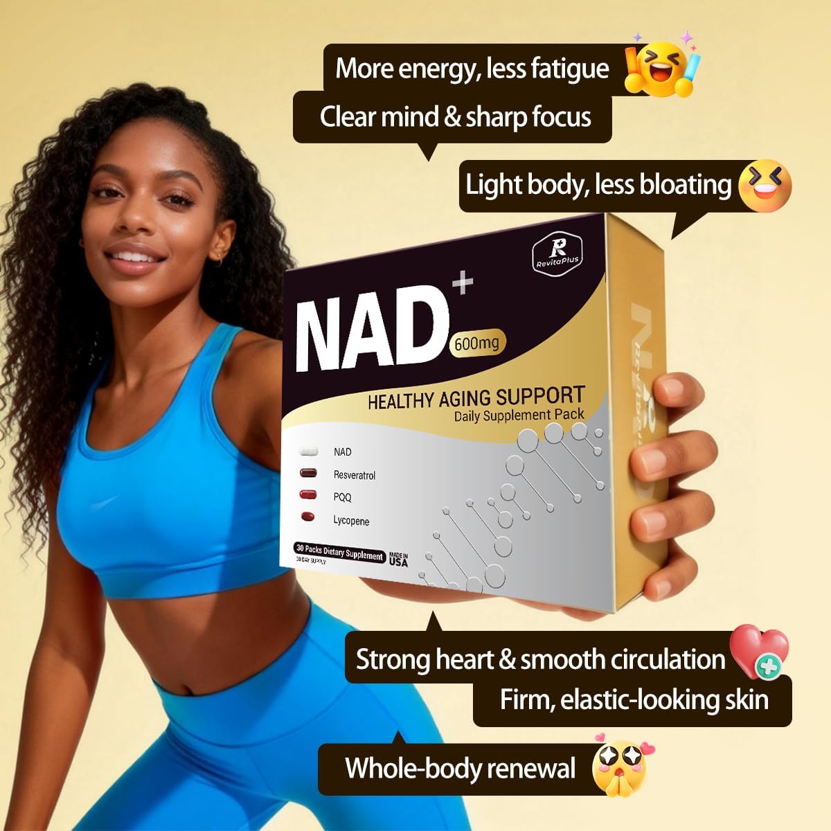 NAD Supplement with Resveratrol, PQQ,Ca-AKG,Nicotinamide,Green Tea, Advanced NAD+ Supplement Daily Pack Support Healthy Mitochondria,Healthy Aging and Cellular Energy for Women & Men 30 Packs