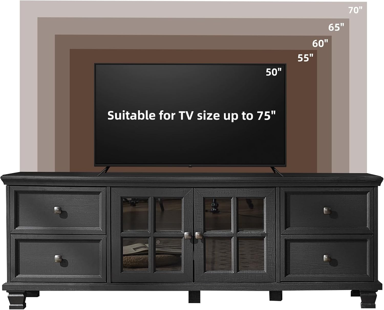 Farmhouse TV Stand for Living Room, Rustic Black Entertainment Center with Storage Cabinet,Wood TV Console with 4 Drawers,Modern TV Stands for Bedroom,Black